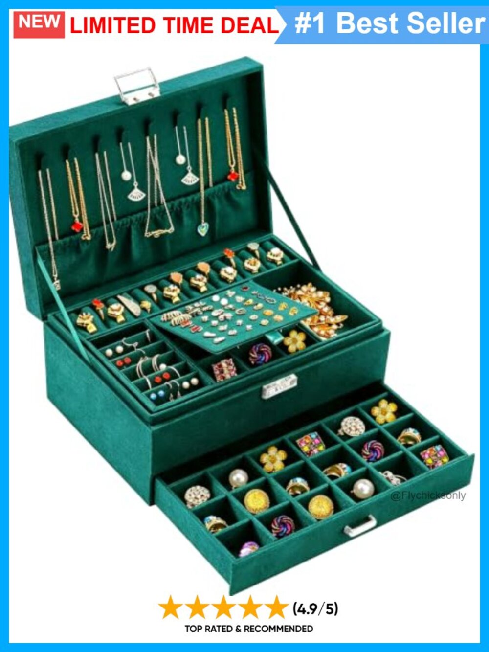 Velvet Jewelry Box 3-Layer Lockable Organizer 100+ Pieces w Key